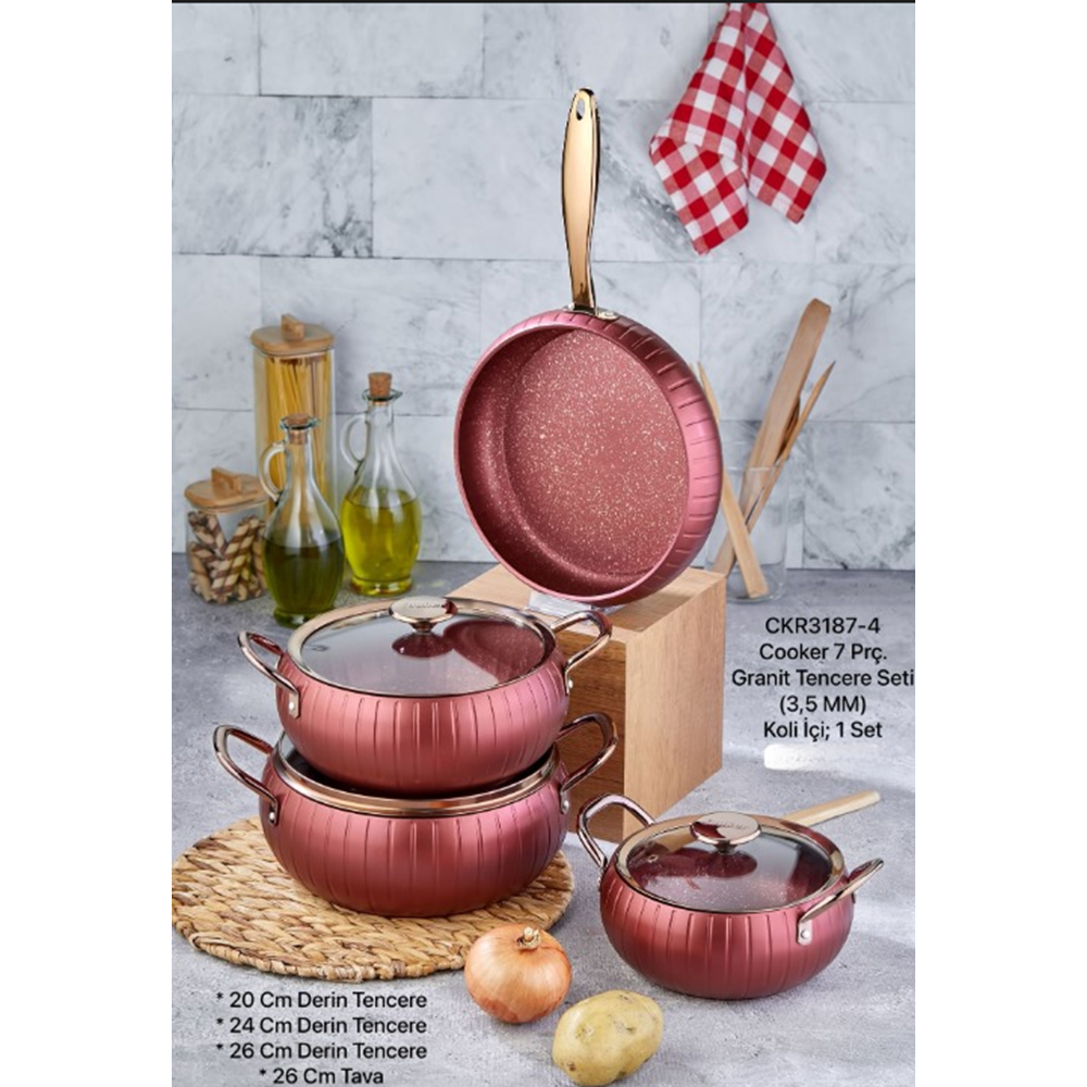 COOKER CKR3187-4 7 PARÇA GRANİT TENCERE SETİ BORDO (1)