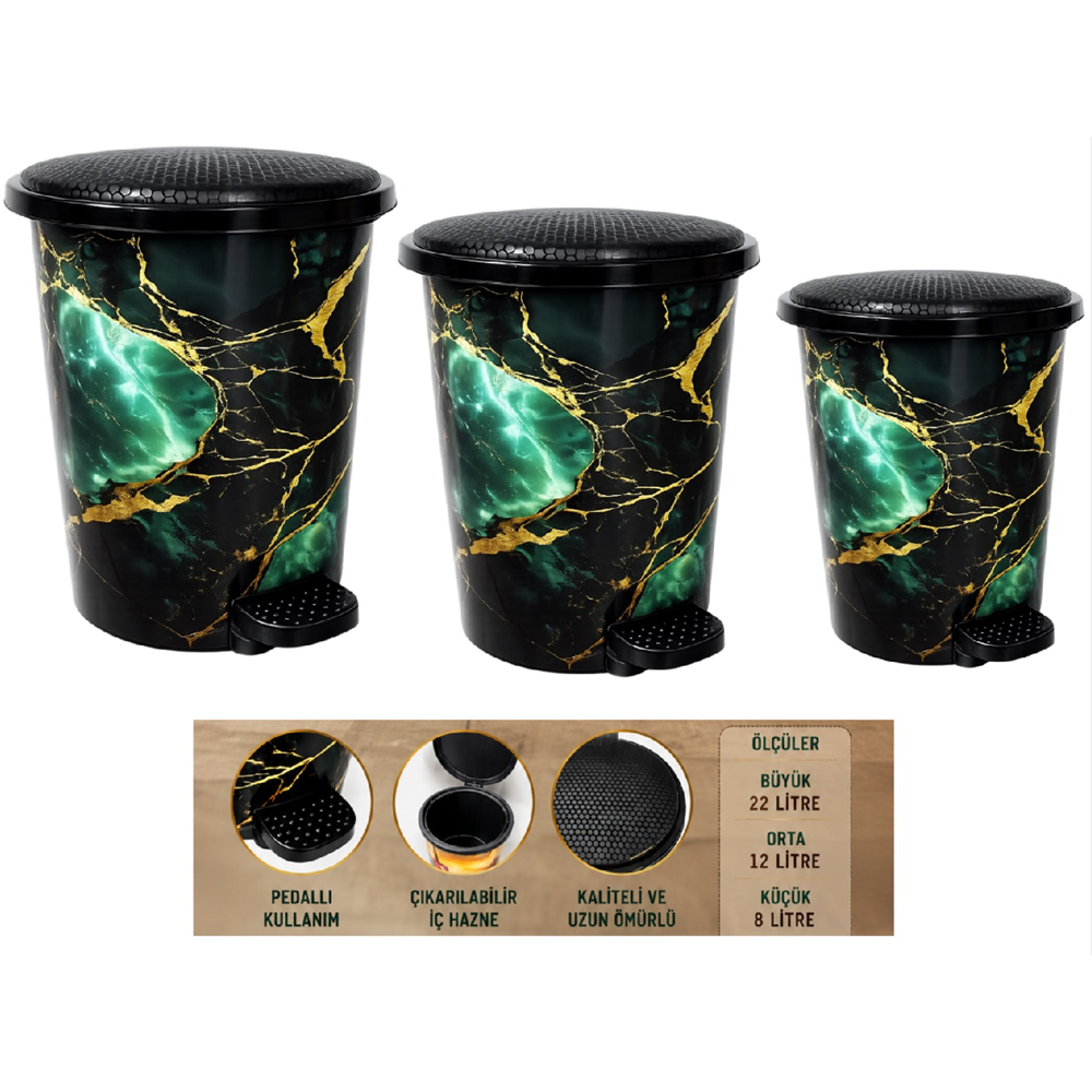 BABİL LİFE BL-1402 PEDALLI ÇÖP KOVASI 3 LÜ SET ZÜMRÜT (1)