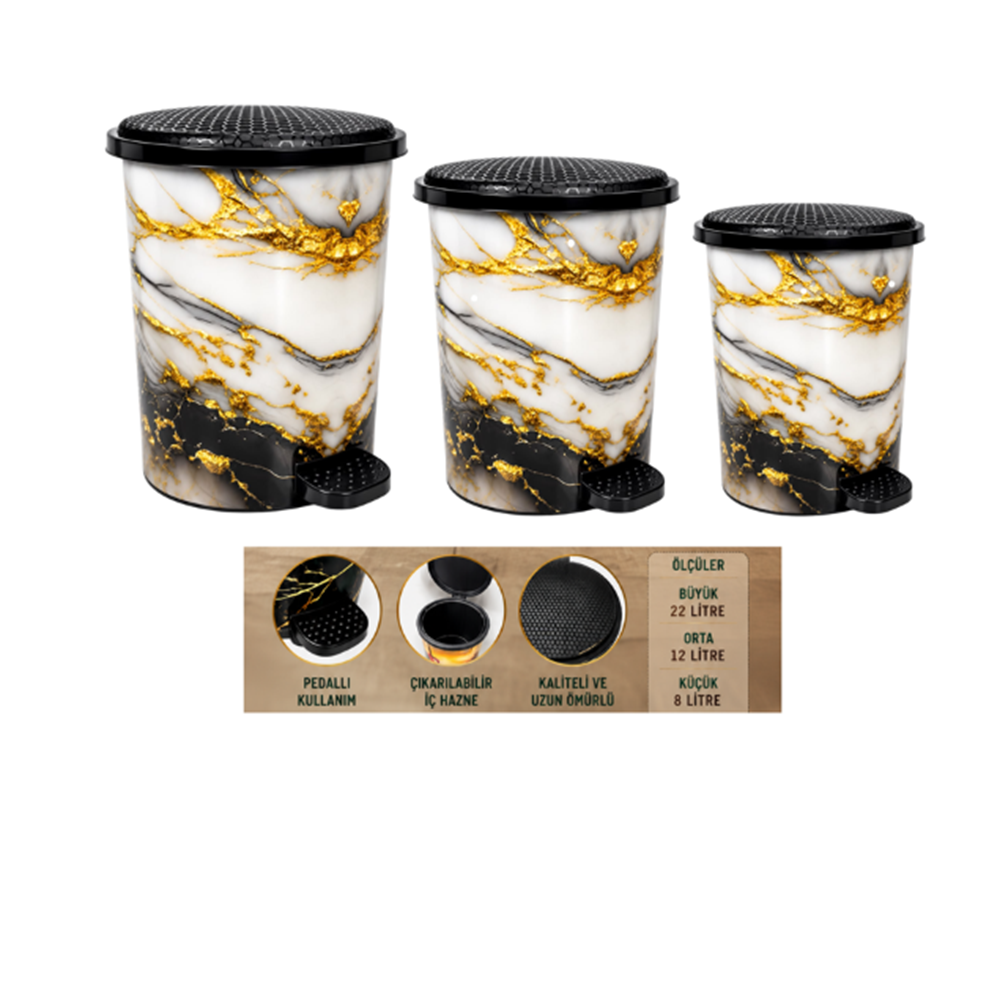 BABİL LİFE BL-1405 PEDALLI ÇÖP KOVASI 3 LÜ SET BEYAZ MERMER (1)