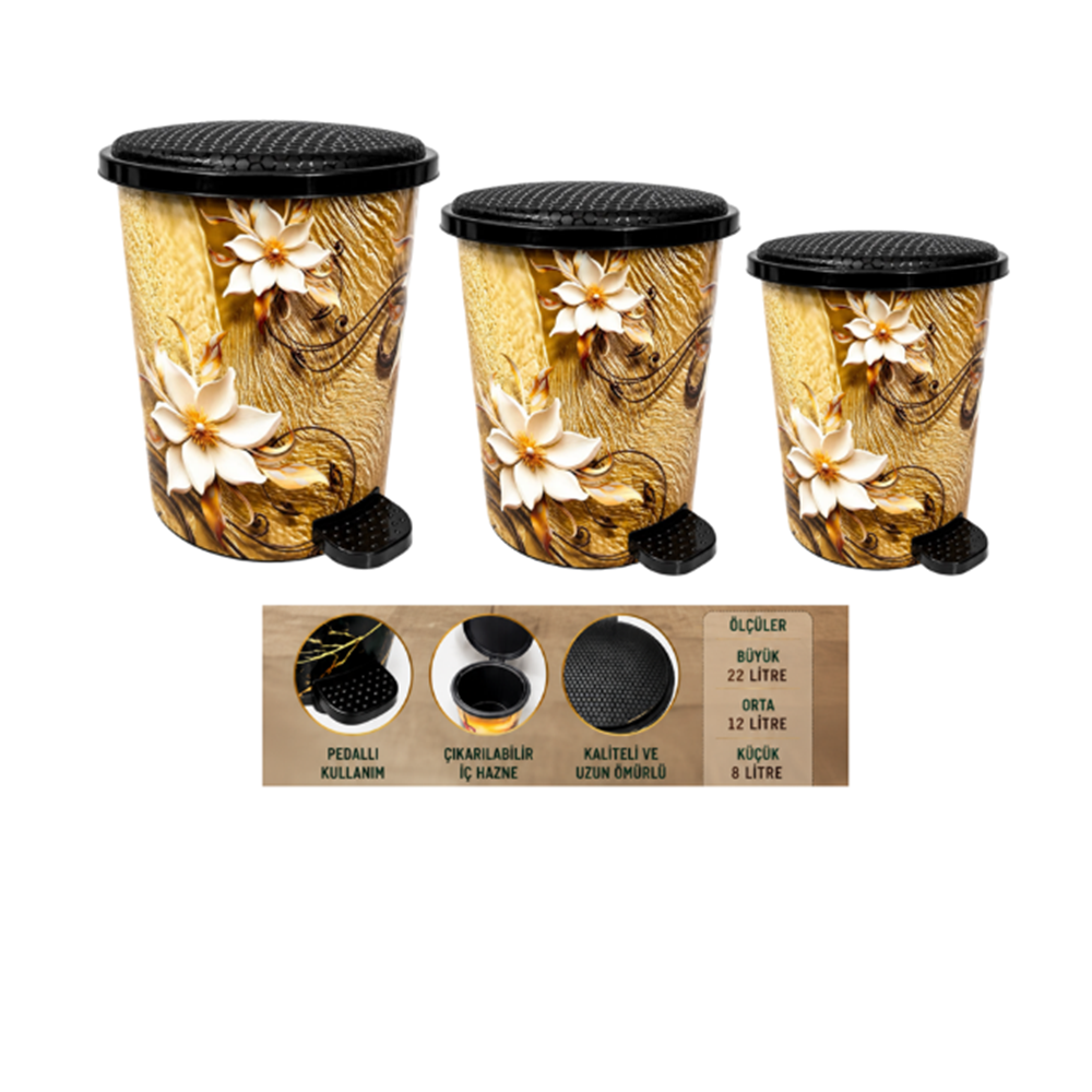 BABİL LİFE BL-1406 PEDALLI ÇÖP KOVASI 3 LÜ SET GOLD ÇİÇEK (1)