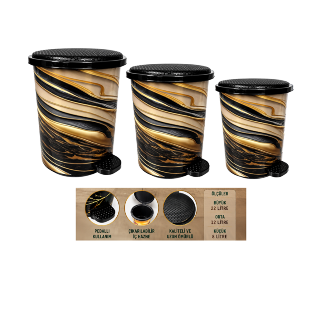 BABİL LİFE BL-1403 PEDALLI ÇÖP KOVASI 3 LÜ SET GOLD DALGALI (1)