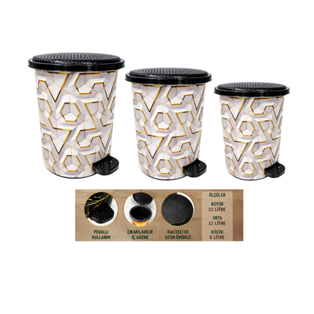 BABİL LİFE BL-1408 PEDALLI ÇÖP KOVASI 3 LÜ SET PETEK GOLD (1)