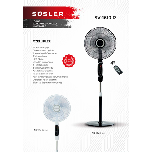 SÜSLER SV-1610 LODOS KUMANDALI AYAKLI VANTİLATÖR SOĞUTUCU (1)