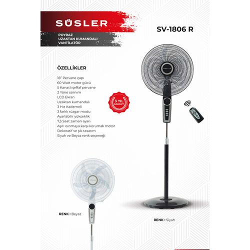 SÜSLER SV-1806 R POYRAZ KUMANDALI VANTİLATÖR SOĞUTUCU (1)