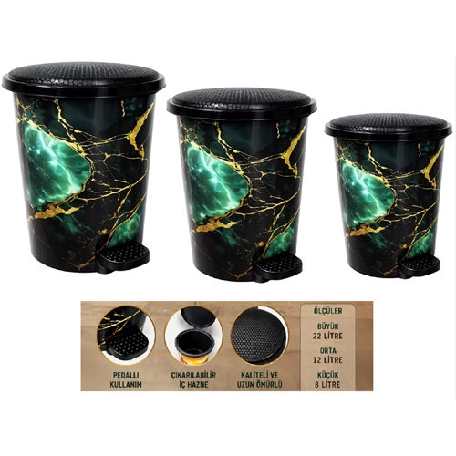 BABİL LİFE BL-1402 PEDALLI ÇÖP KOVASI 3 LÜ SET ZÜMRÜT (1)