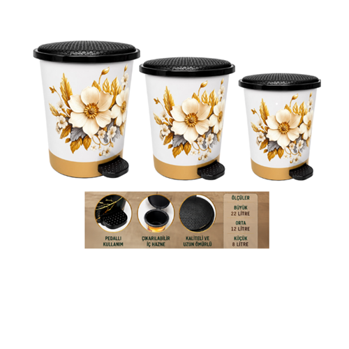 BABİL LİFE BL-1404 PEDALLI ÇÖP KOVASI 3 LÜ SET BEYAZ GÜL (1)